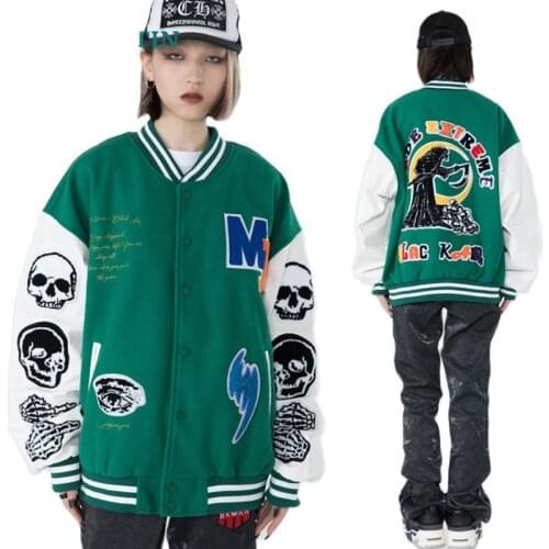 2021 Streetwear Men’s Baseball Coat Bomber Jacket Hip Hop Harajuku Armband Skull Letter Embroidery Cotton Outwear Jacket Unisex