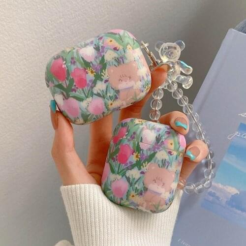 Cute Flower Cat Cartoon Pattern IMD Soft Cover For Apple Airpods 2 1 Pro Silicone Earphone Box with Bear Crystal Keyring Cases