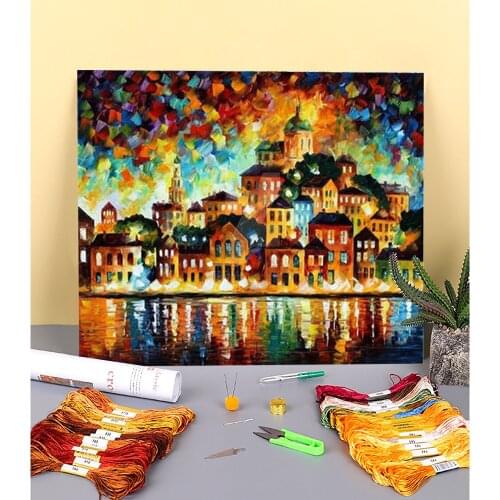 Lovely Harbor Printed Water-Soluble Canvas 11CT Cross Stitch Kit DIY Embroidery DMC Threads Hobby Handmade Needlework Mulina