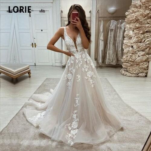 LORIE Boho Wedding Dresses V-Neck Appliques Lace A-Line Elegant Wedding Gown Sweep Train Country Bridal Dress vestido novia