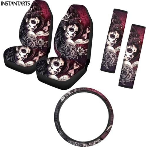 INSTANTARTS 5pcs Car Seat Cushion Sugar Skull Girls Pattern Washable Steering Wheel Protection Comfortable Seatbelt Covers Hot
