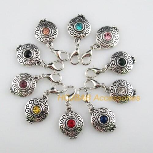 10 New Flower 14x18.5mm Charms Mixed Round Crystal Tibetan Silver Plated Retro With Lobster Claw Clasps