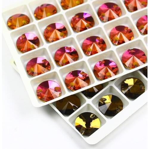 Rivoli Sew on Rhinestone TopStone Fuchsia 14mm Flat Back Round Crystal Rhinestones Decoration For Wedding Evening Dress Junjiao