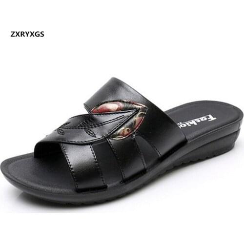 New Fashion Summer Open Shoes Mother Sandals Slippers Women Shoes Genuine Leather Slippers Soft Comfort Non-slip Flat Sandals