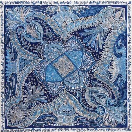 130cm Silk Square Scarf Women Large Shawls Nepal Leaves Printed Stoles Square Bandana Luxury Kerchief Scarf Female Foulards