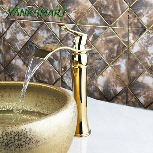 YANKSMART Tall Luxury Golden Waterafall Bathroom Brass Deck Mount Single Handle Sink Basin Torneira Vessel Tap Mixer Faucet
