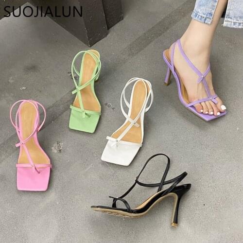 SUOJIALUN 2021 New Brand Gladiator Sandals Thin High Heel Dress Pumps Shoes Narrow Band Square Head Clip-On Strappy Sandals
