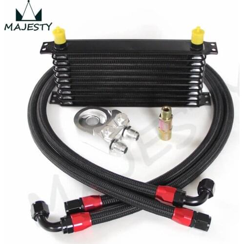 UNIVERSAL 10 ROW AN-10AN UNIVERSAL ENGINE TRANSMISSION OIL COOLER KIT TRUST TYPE BLACK +SILVER FILTER ADAPTER KIT BLACK HOSE