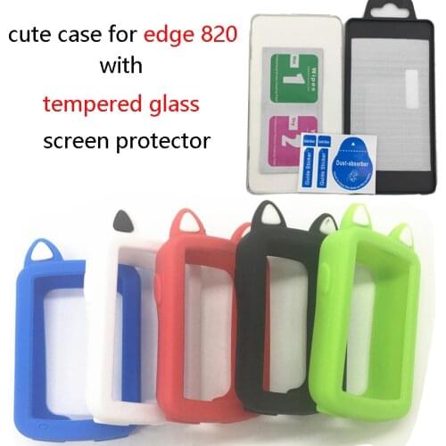 Generic Bike Gel Skin Case & Tempered Glass Screen Protector Cover for Garmin Edge 820 GPS Computer Cartoon Cat Ear for edge 820