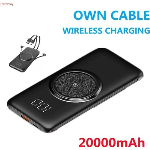 Power Bank 20000mAh With Cable Wireless Charging Powerbank Phone External Battery Portable Charger Mobile Phone Spare Battery