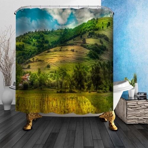 100% Polyester Fabric Custom Forest Tree Landscape Shower Curtain Modern Bathroom Curtain Waterproof HD Printing Bath Curtain