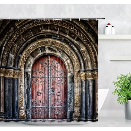Retro Old Wooden Door Shower Curtains Classical Building City Gate Pattern Printing Waterproof Fabric Bathroom Decor Curtain Set
