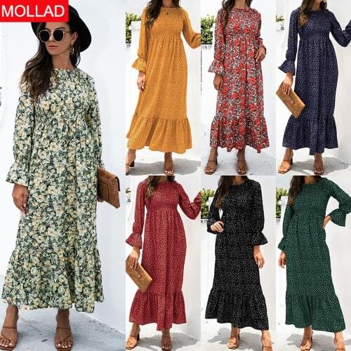 Womens Clothing Hot Sale 2021 Autumn Printed Polka Dot Smocking Long Sleeve Dress Long Dress