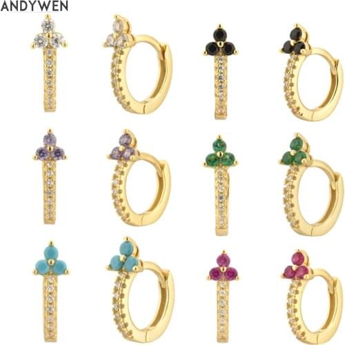 ANDYWEN 925 Sterling Silver Gold 7.2mm Three Zircon Huggies Hoops Women Fashion Small Wedding Jewelry 2021 Valentiens Gift