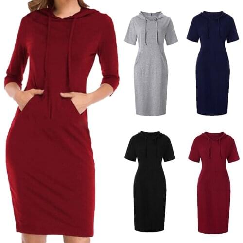 Retro Women Long Sleeve Solid Color Jumper Pullover Sweatshirt Hoodie Hooded Skirts Elastic Waist Mid Long A-line Skirts Femme