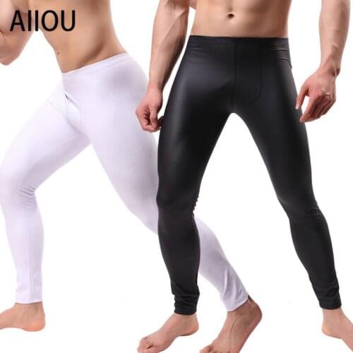 AIIOU Mens PU Leather Pencil Pants Workout Fitness Skinny Pants Faux Leather Long Trousers Male Funny Big Pouch Spandex Trousers