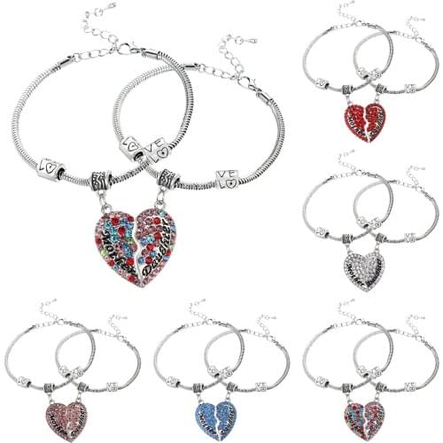 Bespmosp 2PC Rhinestone Clear Color Red Pink Blue Crystal Heart Mother Daughter Bangle Bracelets Mom Mommy Girls Women Family