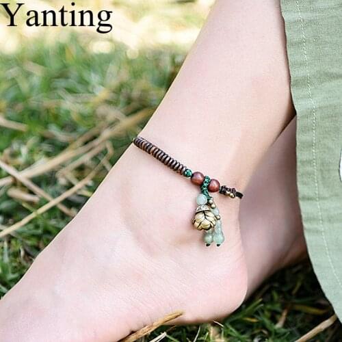 Yanting Ethnic Copper Alloy Lotus Anklets For Women Red Wood Aventurine Beads Tassel Coconut Shell Rope Chain Foot Jewelry 002