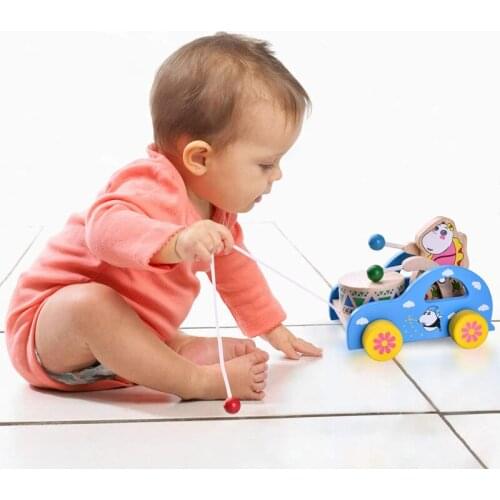 Creative Childrens Hand Extended Leash Pull Toy Car Toddler Baby Toy Wooden Play Beat Sound Tractor Children Gift yellow/blue