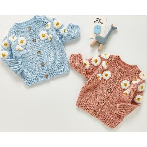 2021 0-24M Winter Fall Kids Baby Girl Knitted Coats 3D Flowers Button Fly Round Neck Long Sleeve Cardigan Sweater Sweet Outwear