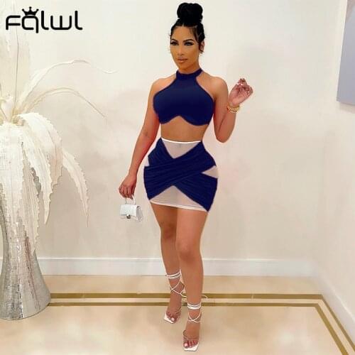 FQLWL Summer Sleeveless Crop Tops Ruched Mini Skirts Matching Sets Green Bodycon Sexy Club Party Mesh 2 Piece Set Womens Outfits