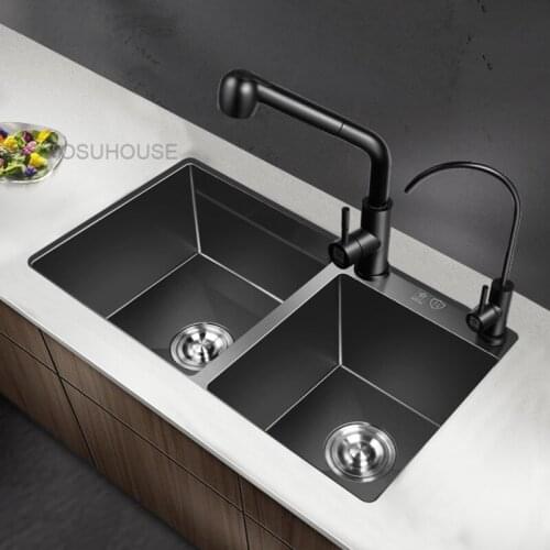 Germany 4mm Nano Black Manual Sink Double Sink 304 Stainless Steel Thickened Kitchen Sink kitchen faucets accessories
