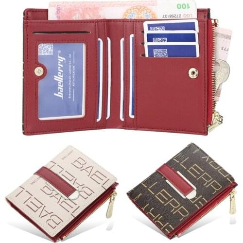 Women Small Wallet Stylish Letters Print Faux Leather Multi-Slots Short Vertical Zipper Coin Purse Hasp Card Holder