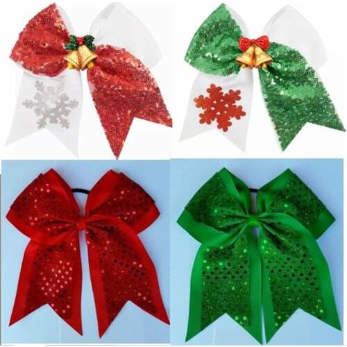 New 7.5 Inch Sequin Cheer Bow CHRISTMAS Elastic Hair Bands Ribbon Hair Bow For Cheerleading Kid Girl Hair Accessories 12pcs