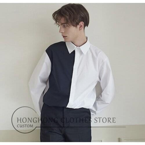 S-6XL! Plus-size mens wear runway!!! New design black and white mens shirt tailored loose long sleeves men