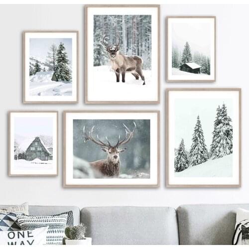 Chalet Deer Pine Tree Snow Mountain Elk Wall Art Canvas Painting Nordic Posters And Prints Wall Pictures For Living Room Decor