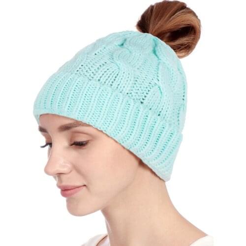 Ponytail hat Knitted Autumn & Winter Hats Unisex Linen Flower Color Winter Cap Warm Slouchy Beanies Caps Empty Top Yarn Cap