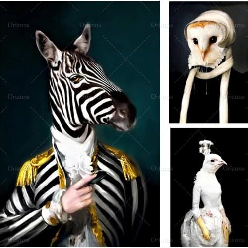 Vintage Rabbit Monkey Zebra Chimpanzee Head with Clothes Canvas Painting Abstract Poster Wall Art Pictures for Living Room Gift