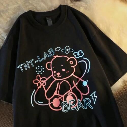 Japanese Clothes Woman Tshirts Y2k Goth Pop Black Bear Print Harajuku Tops Print Diablo Loose Short Sleeve Kawaii Anime Graphic