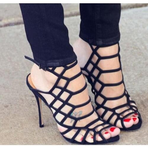 Linamong Black Red Nude Suede Hollow Out Cage Sandals Woman Laser Stiletto Heel Sexy Party High Heel Dress Sandals Shoes