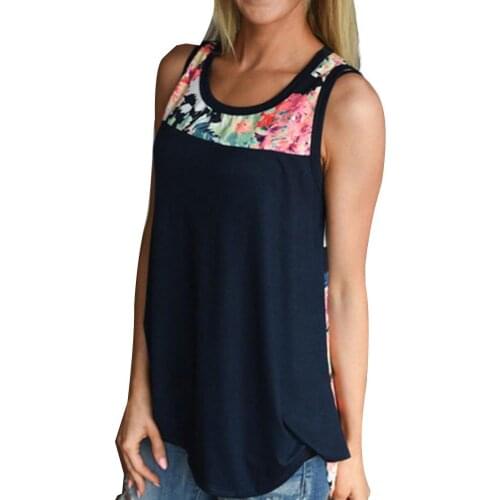 Hot apparel Summer Flower Patchwork Women Sleeveless Round Neck Vest Casual Loose Tank Top Black
