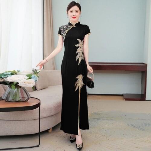 Sexy Womans Long Cheongsam Lace Flower Summer Vintage Chinese Style Ankle Length Dress Qipao Slim Party Dresses Vestido 12723