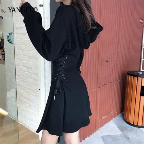 Yangelo Spring 2020 Hooded Dress Women Lace Up Waist Slim Black Gothic Dress Female Short Mini Harajuku Streetwear Vestidos