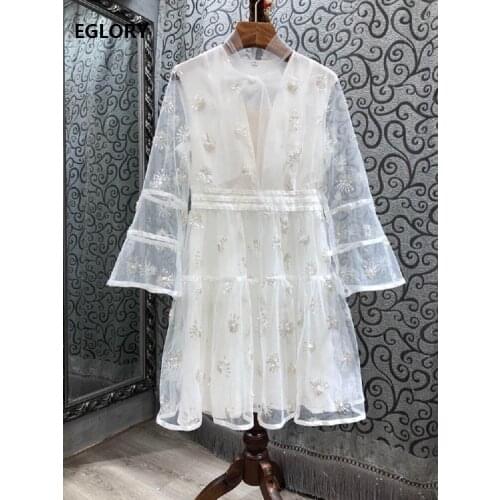 Luxury Dress 2021 Spring Celebrity Party Women V-Neck Hand Made Beading Embroidery Sexy Tulle Mesh Princess Dress White Club