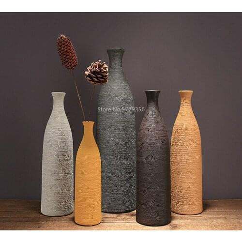 1Pcs Classic Line Ceramic Vase Bottom Non-slip Brown Small Mouth Vase Restaurant Home Countertop Floral Art Decoration Ornaments
