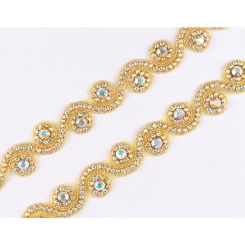 10Yard Novel Yellow Design Bling Rhinestone Applique Trim Luxurious Hot Fix Beaded Crystal Trimming For DIY Girl Wedding Dress