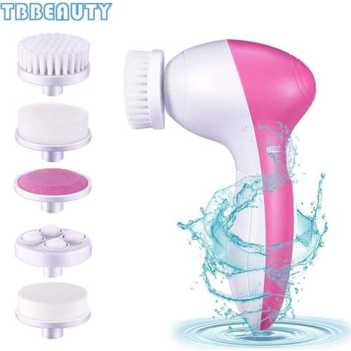 5 in 1 Facial Cleansing Brush Face Pore Cleaner Washer Facial Skin Care Cleaning Brush Set 2 Speeds Massager With 5 Brush Heads