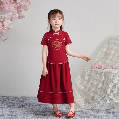 Childrens Tang suit Republican style retro literary cotton linen solid color two-piece performance suit class service vestido