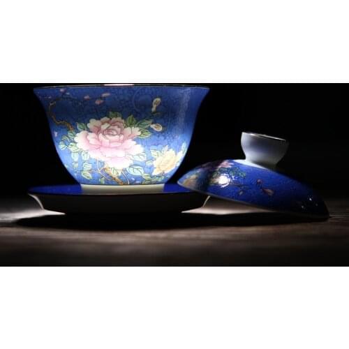 Enamel Ceramic Cover Bowl Teaset Hand Painted Gradient Grilled Flower Three Veiled Tureen Tea Cup Household Kung Fu Teaware
