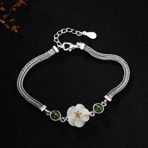 Natural open S925 sterling silver inlaid white hetian jade lotus with personality temperament ladies bracelet bracelet for women