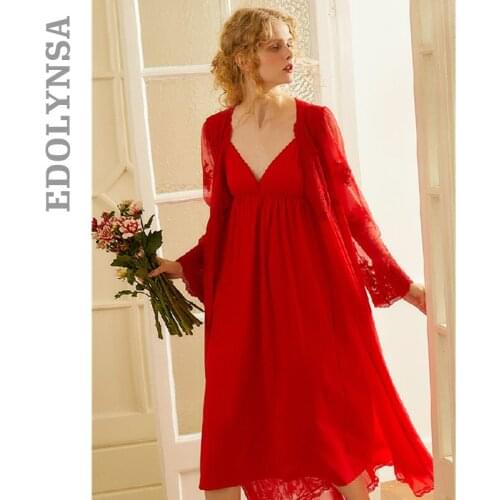 Robe Set Two Pieces Spaghetti Strap Deep V Neck White Cotton Sleepwear Lace Bathrobe Set Luxury Nightgown Long Negligee T728