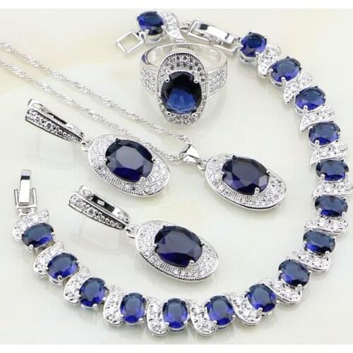 Oval Blue Stones White Zirconia 925 Sterling Silver Jewelry Sets For Women Anniversary Earrings/Pendant/Necklace/Rings/Bracelets