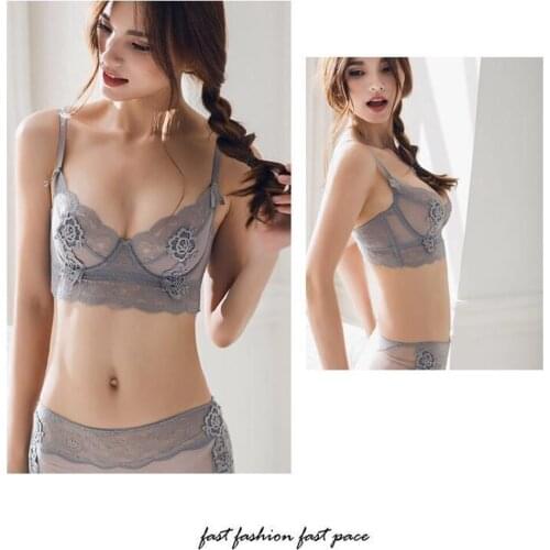 Bra + Panties Set Ultra-thin Eyelash Transparent Underwear Set Sexy Temptation Nightclub Lace Mesh see-through non-sponge Bra