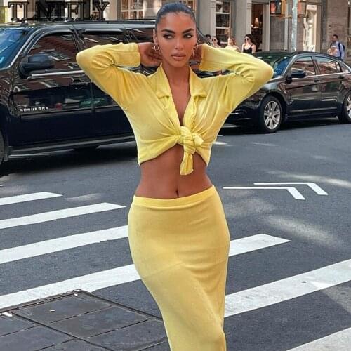 TLNTFLY Fall Dress Sets Two Piece Sets Womens Elegant Outfits Long Sleeve Wrap Top and Midi Skirts Club Party Matching Sets