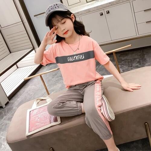 Kids girls 2pcs summer suit spell color short-sleeved T-shirt + Pants new big virgin suit 4-12 years old