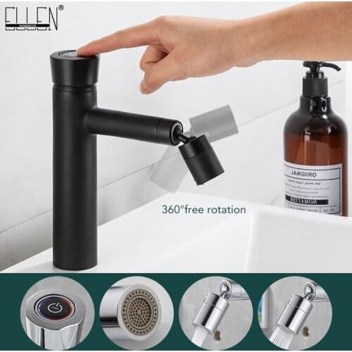Bathroom Basin Sink Faucet 360 Degree Swivel Spout Black Hot Cold Crane Mixer Deck Mounted Sink Tap ELM1033